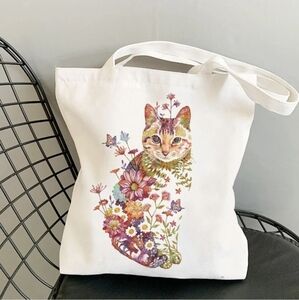 Floral Cat Design Tote Bag